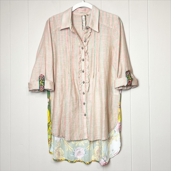 Aratta Silent Journey Button Up Tunic Shirt XS boho floral top stripes beaded - Picture 14 of 14
